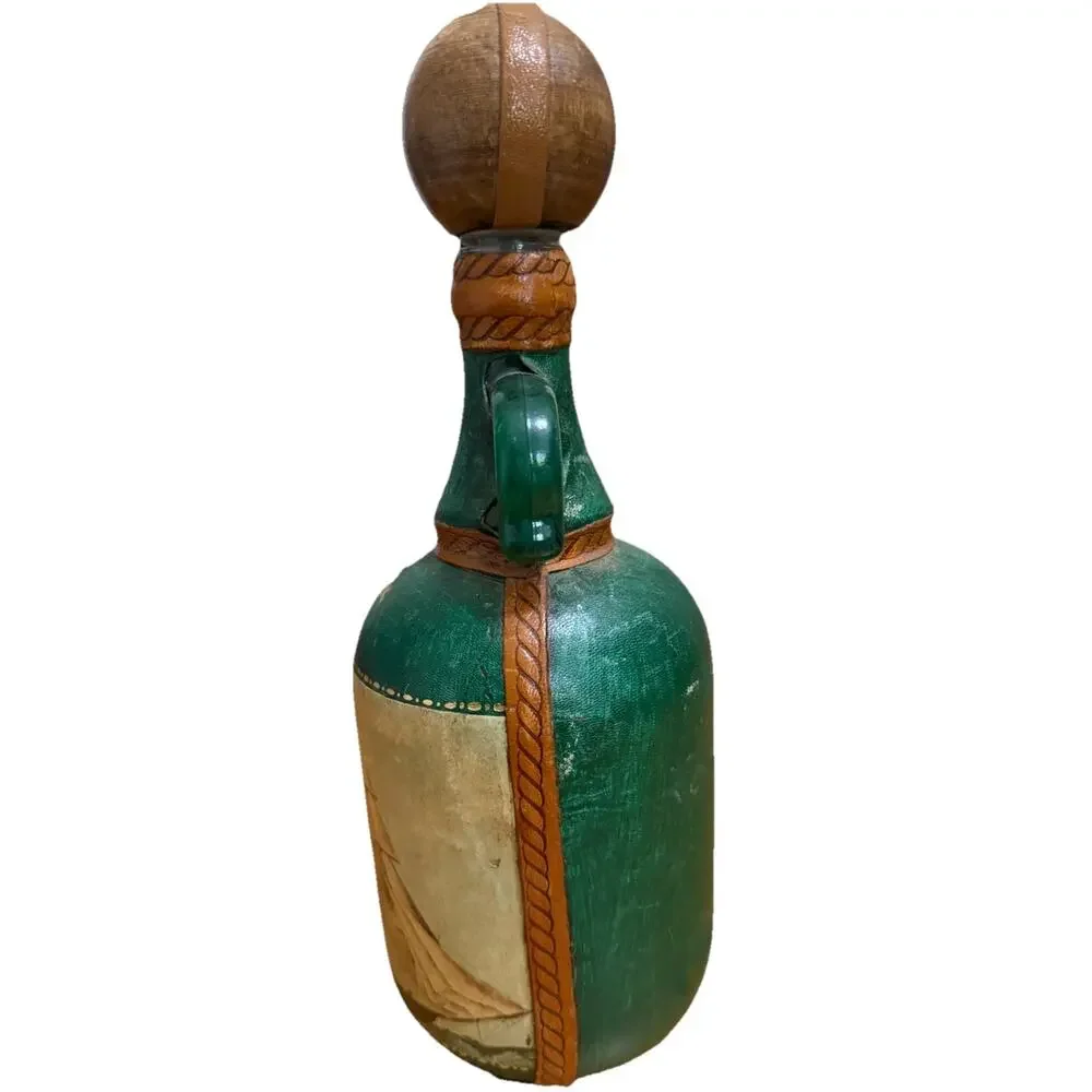 Vintage FAUSTO CORDURI Genuine Leather Decanter Jug Florence Italy Ship Motif